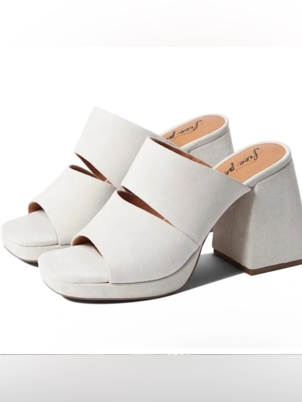 Free People Off-White Chunky Heel Double-Band Mules